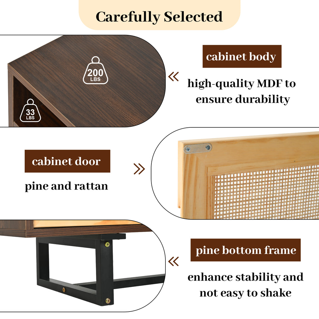 Leoglint TREXM Retro Rattan TV Stand 3-door Media Console with Open Shelves for TV Stand under 75''(Walnut)