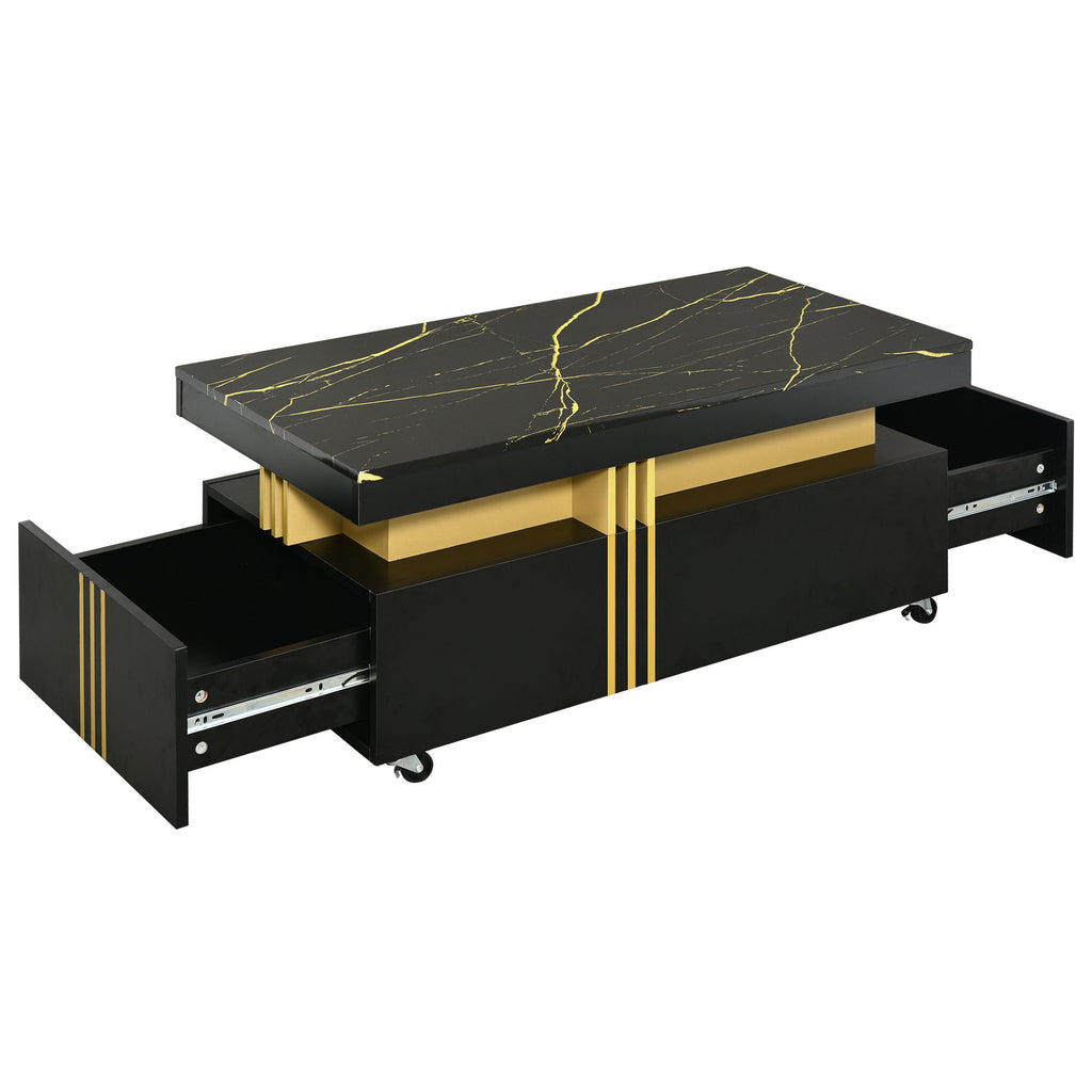 Leoglint [VIDEO provided] ON-TREND Contemporary Coffee Table with Faux Marble Top, Rectangle Cocktail Table with Caster Wheels, Moderate Luxury Center Table with Gold Metal Bars for Living Room, Black