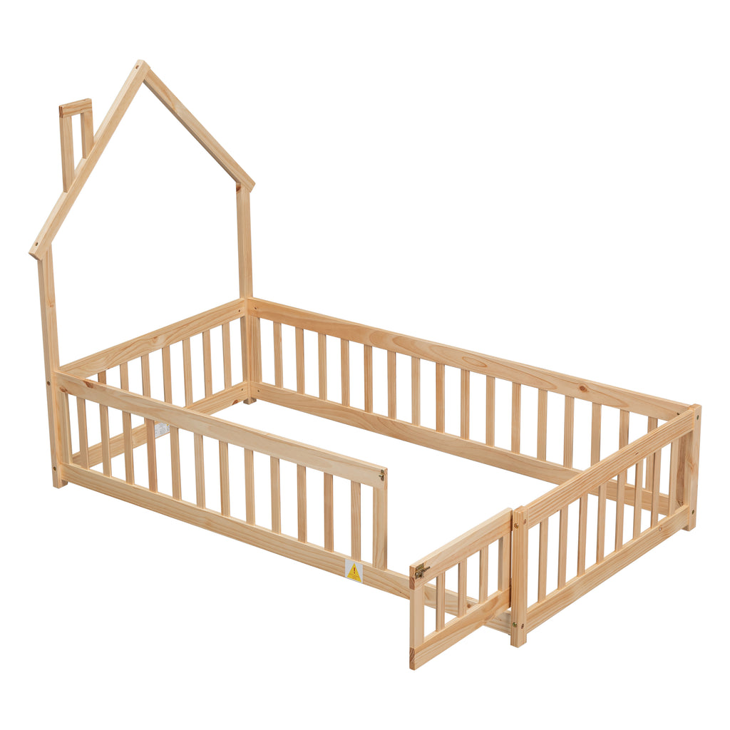 Twin House-Shaped Headboard Floor Bed Frame with Fence,Natural