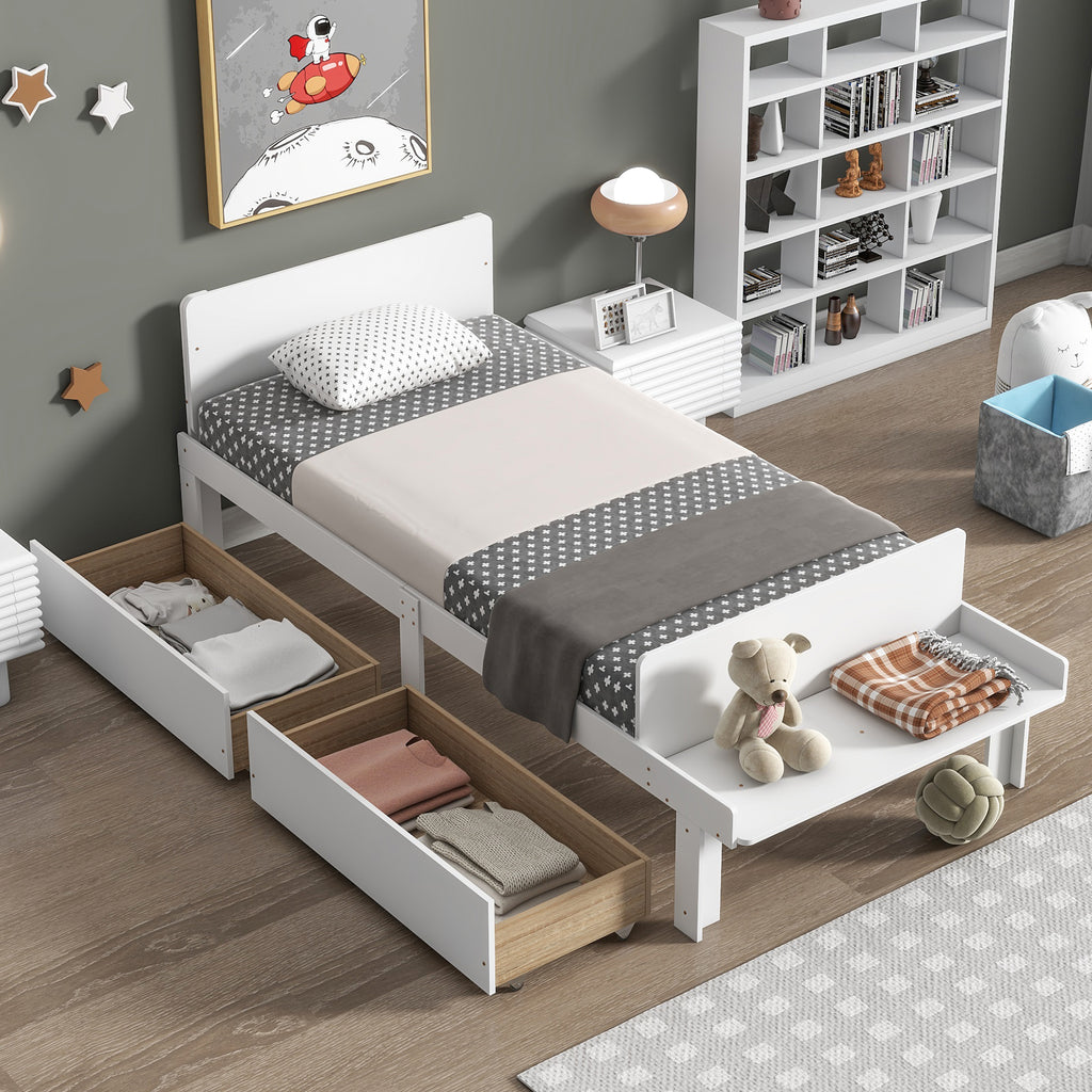 Twin Bed Frame with Footboard Bench,2 drawers,White