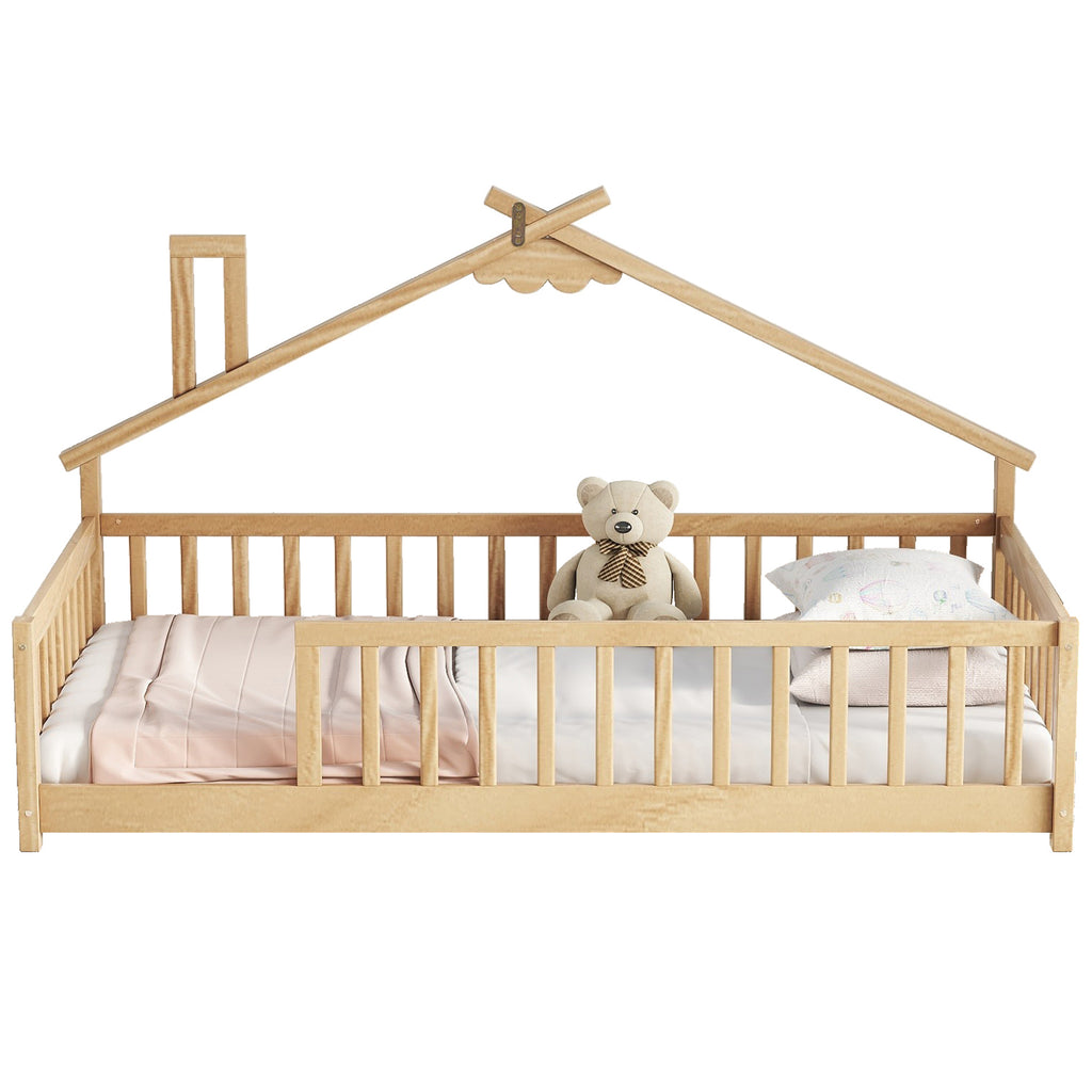 Twin House-Shaped Bedside Floor Bed Frame with Guardrails, Slats, without Door ,Natural