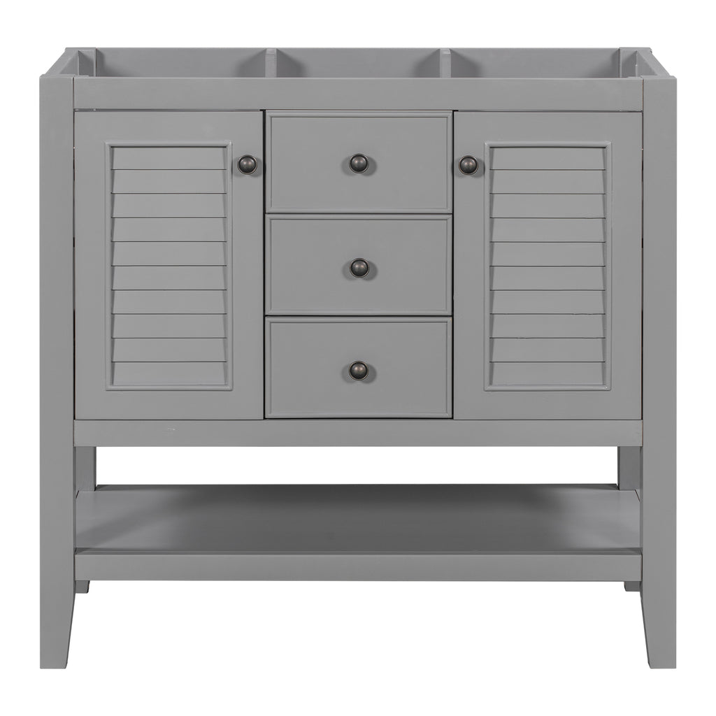 Leoglint 36" Bathroom Vanity without Sink, Cabinet Base Only, Two Cabinets and Drawers, Open Shelf, Solid Wood Frame, Grey