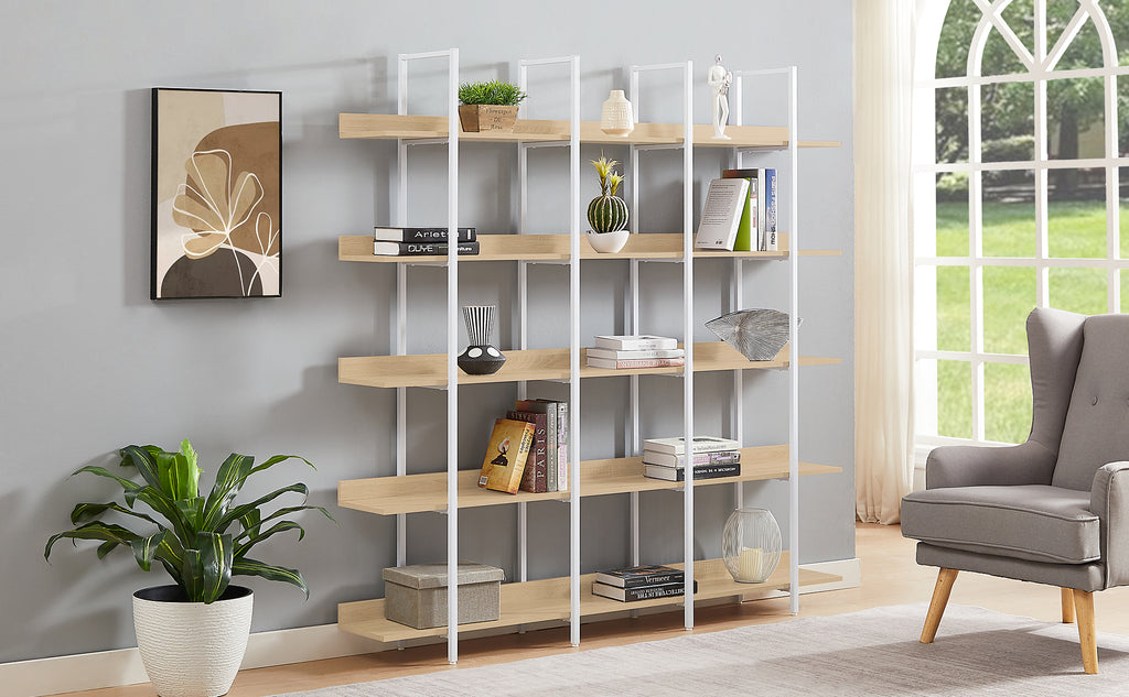 Leoglint 5 Tier Bookcase Home Office Open Bookshelf, Vintage Industrial Style Shelf, MDF Board, White Metal Frame, Oak