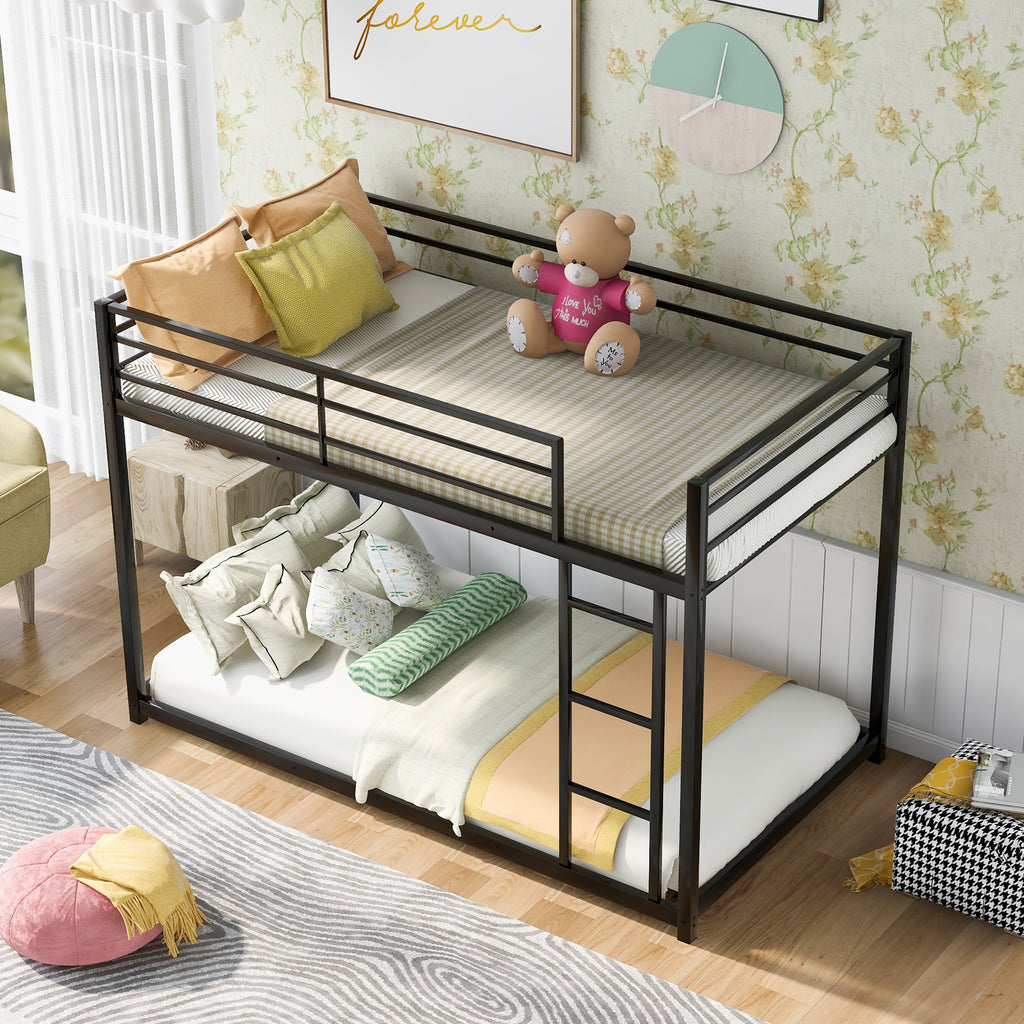 Leoglint Twin over Twin Metal Bunk Bed Frame, Low Bunk Bed with Ladder, Black(OLD SKU:WF282465AAB)