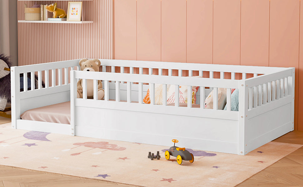 Twin Floor Bed Frame with Fence, Wood Kids Floor Beds Frame for Bedroom Playroom,White(Expect arrive date Jun. 21st)