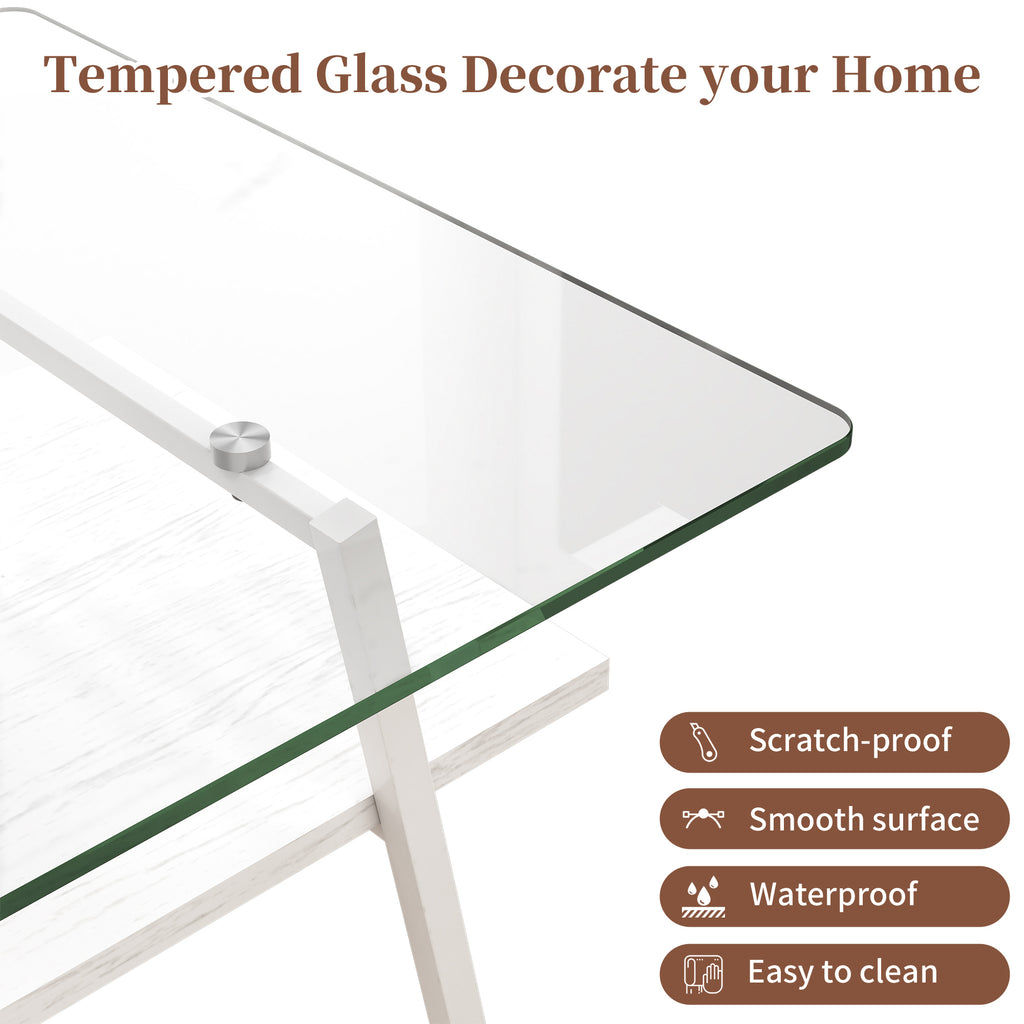 Leoglint Rectangle Coffee Table, Tempered Glass Tabletop with White Metal Legs, Modern Table for Living Room , Transparent Glass