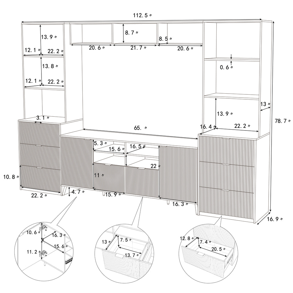Leoglint U-Can 4-Piece Entertainment Wall Unit with 13 shelves,8 Drawers and 2 Cabinets, Multifunctional TV Stand Media Storage Cabinet with Fluted Line Surface for Living Room, for TVs Up to 70"