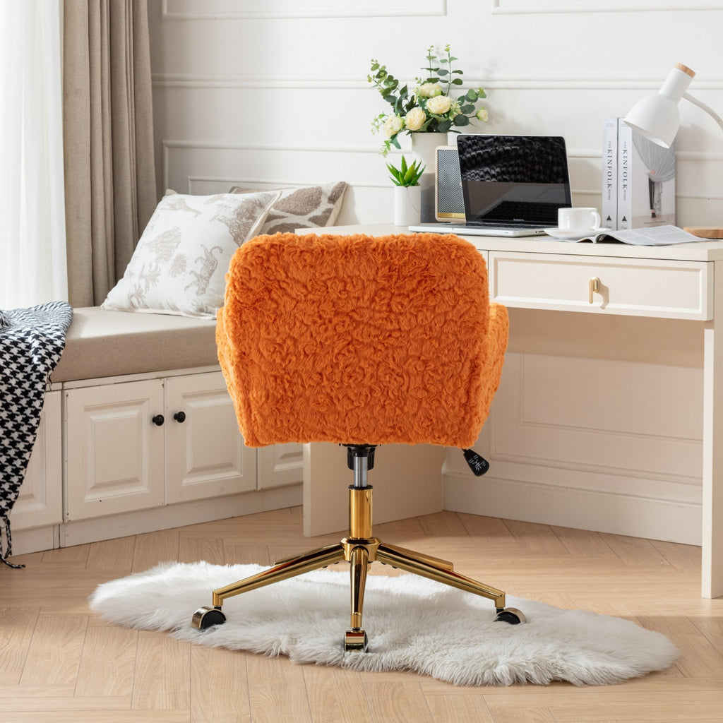 Leoglint A&A Furniture Office Chair,Artificial rabbit hair Home Office Chair with Golden Metal Base,Adjustable Desk Chair Swivel Office Chair,Vanity Chair(Orange)