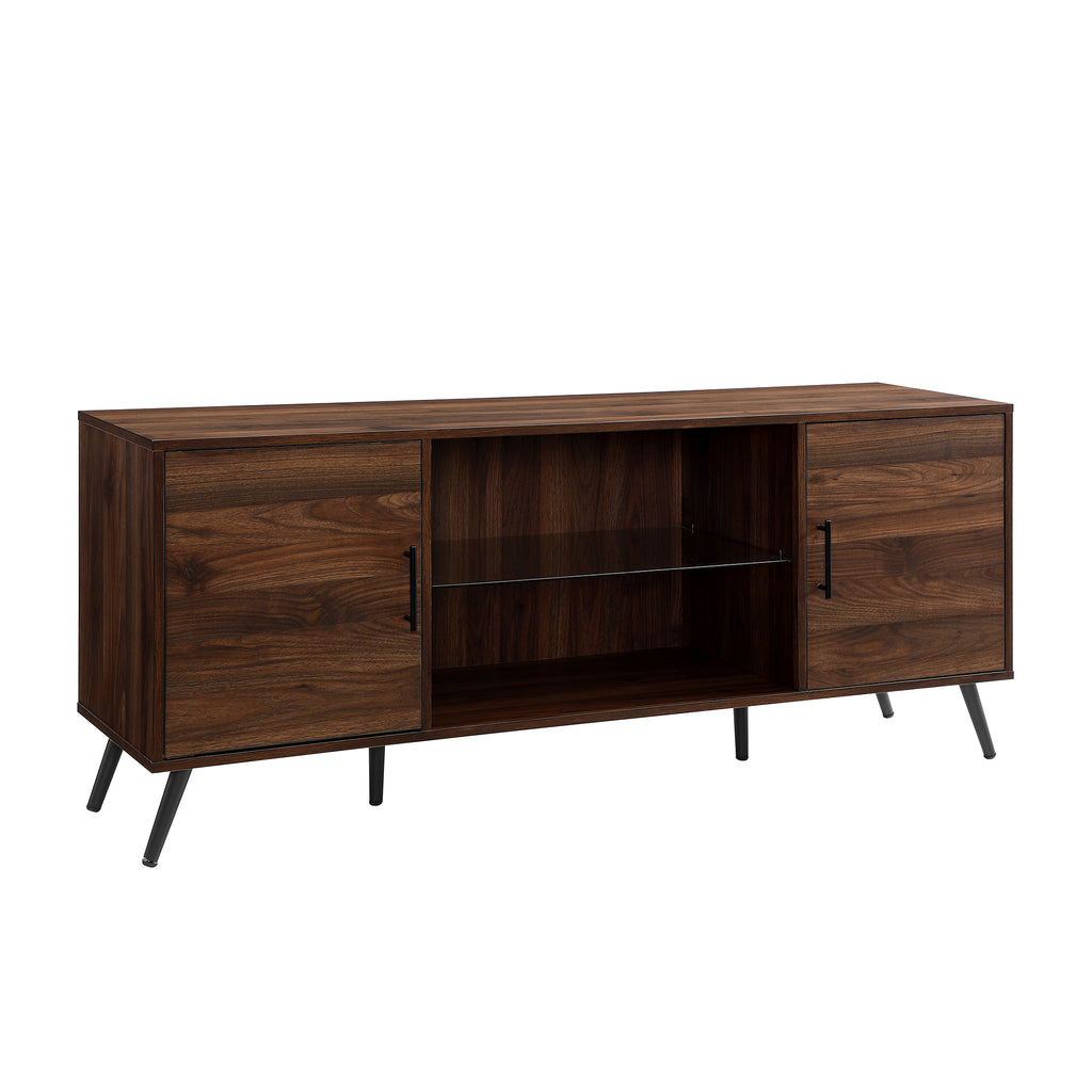 Leoglint Mid-Century Modern 2-Door 60" TV Stand for 65" TVs with Glass Shelf - Dark Walnut