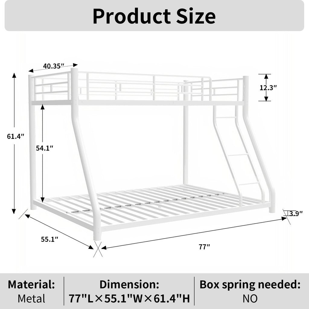 Leoglint Metal Bunk Bed Frame Twin Over Full Size with Removable Stairs, Heavy Duty Sturdy Frame with 12" Under-Bed Storage for Teen & Adults, Teens, No Box Spring Needed, White