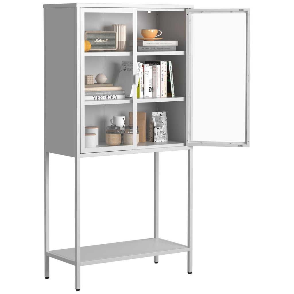 Leoglint 59"H Heavy Duty Metal Storage Cabinet, Display Storage Cabinet with Glass Doors and 2 Adjustable Shelves, Tall Bookcase Modern Bookshelf Cabinet for Home Office, Living Room, Pantry