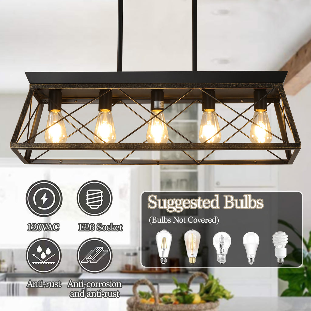 Leoglint Pendant 5-Light Farmhouse Chandeliers for Dining Room, Metal Rustic Pendant Island Light Fixture, Modern Rectangular Island Lights for Kitchen, Living Room Black gold(No Bulbs)