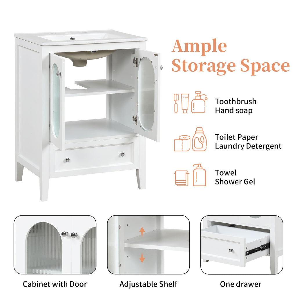 Leoglint 24" Bathroom Vanity with Sink, Bathroom Vanity Cabinet with One Drawer and Doors, Adjustable Shelf, Solid Wood and MDF, White