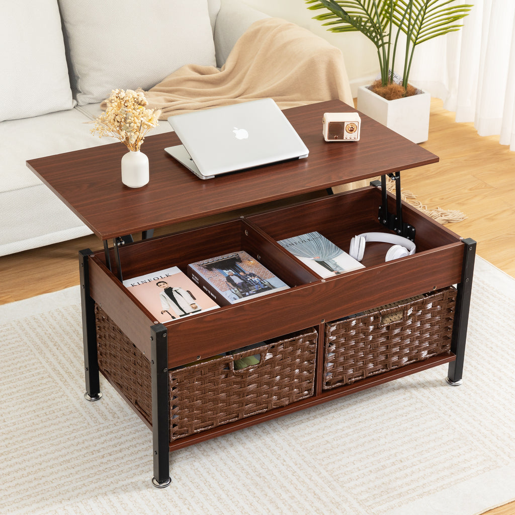 Leoglint Metal coffee table,desk,with a lifting table,and hidden storage space.There were two removable wicker baskets that could be placed in any space such as the living room,color:brownwith solid wood grain