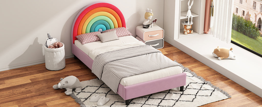 Rainbow Design Upholstered Twin Platform Bed Frame Cute Style Princess Bed for Boys & Girls, Teens, Colorful & Pink