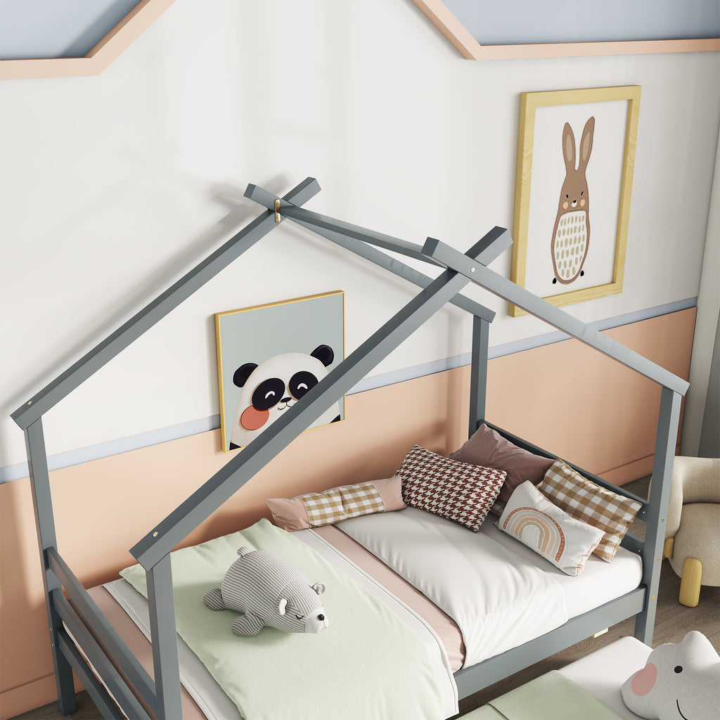 Leoglint Twin Size  House-shaped Bed Frame with Trundle,Grey