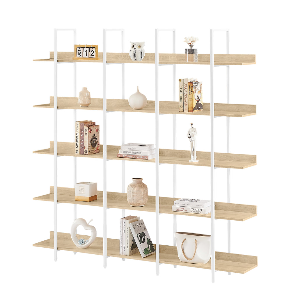 Leoglint 5 Tier Bookcase Home Office Open Bookshelf, Vintage Industrial Style Shelf, MDF Board, White Metal Frame, Oak