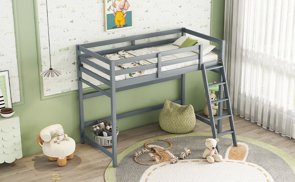 Leoglint Twin Size High Loft Bed Frame with inclined Ladder, Guardrails,Grey