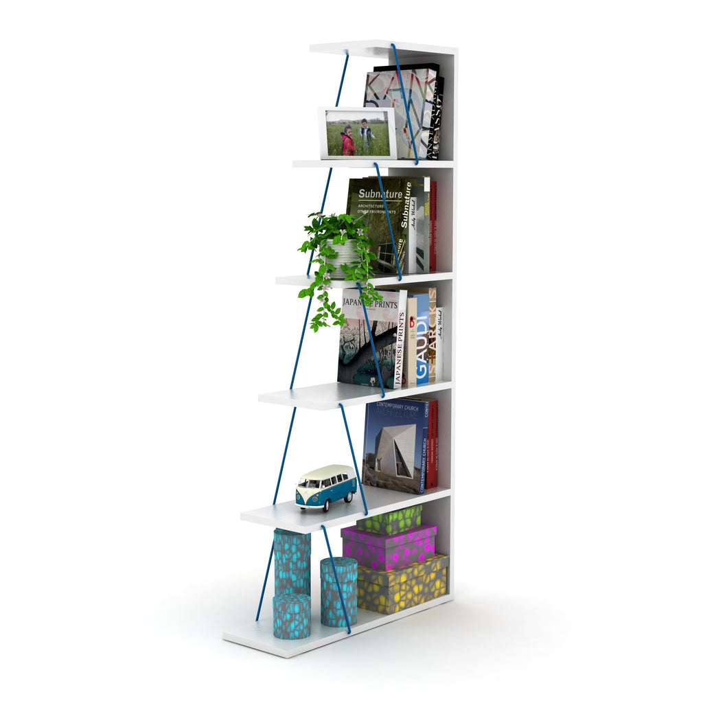 Leoglint Furnish Home Store Modern 5 Tier Ladder Bookshelf Organizers, Narrow Bookshelf for Small Spaces Office Furniture Bookcase ,White/Blue