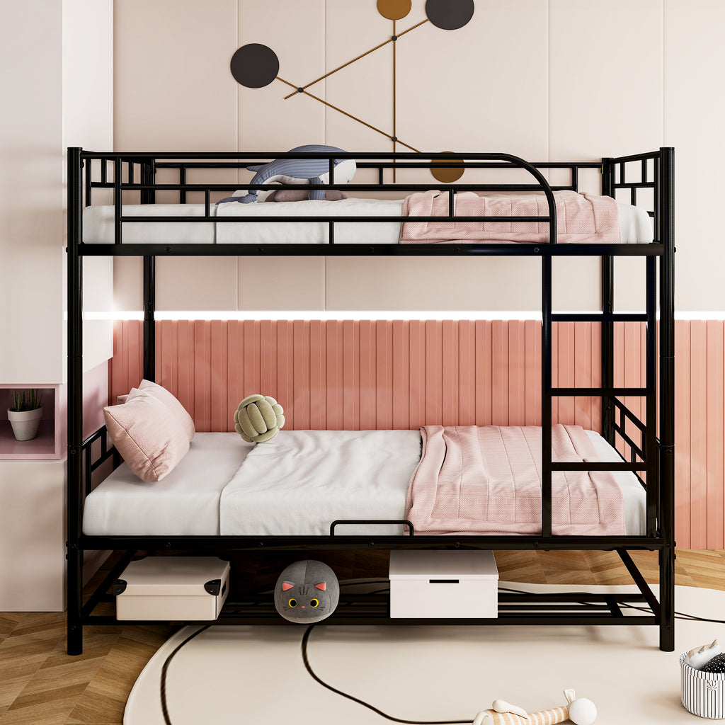 Leoglint Twin Over Twin Metal Bunk Bed Frame with Shelf and Guardrails, Black