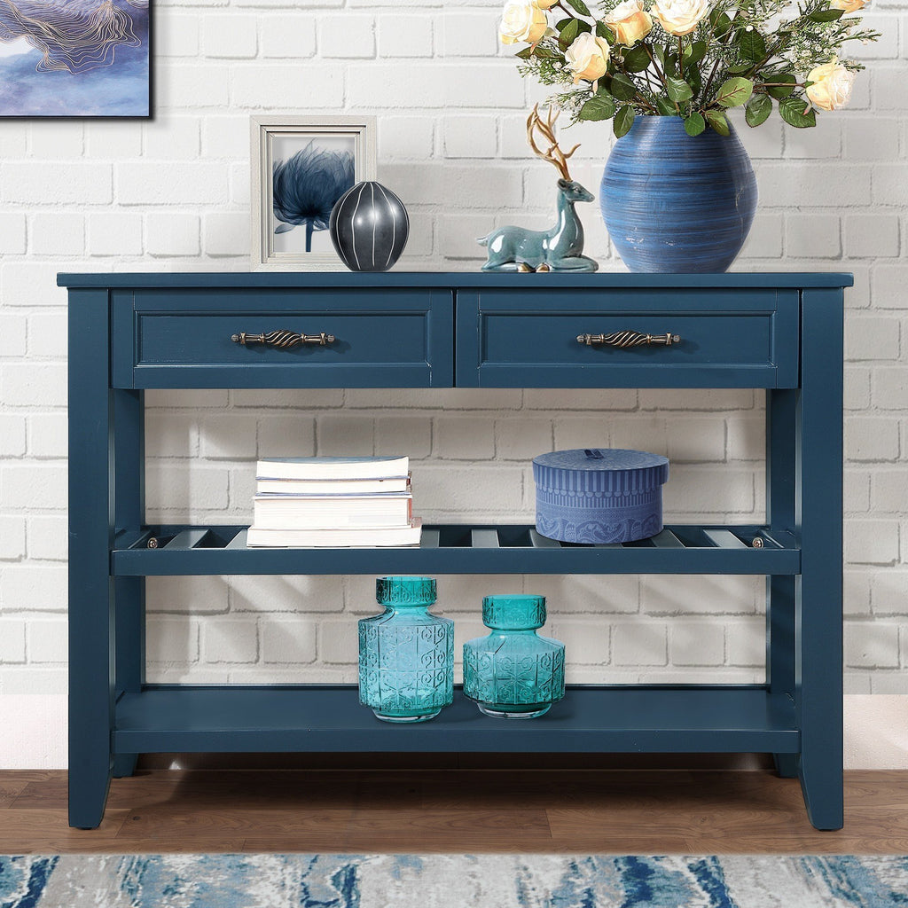 Leoglint Console Sofa Table with 2 Storage Drawers and 2 Tiers Shelves, Mid-Century Style 42'' Solid Wood Buffet Sideboard for Living Room Furniture Kitchen Dining Room Entryway Hallway,Navy Blue