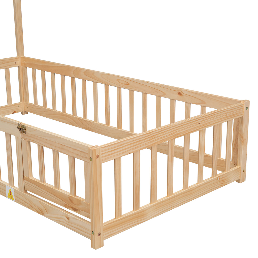 Twin House-Shaped Headboard Floor Bed Frame with Fence,Natural