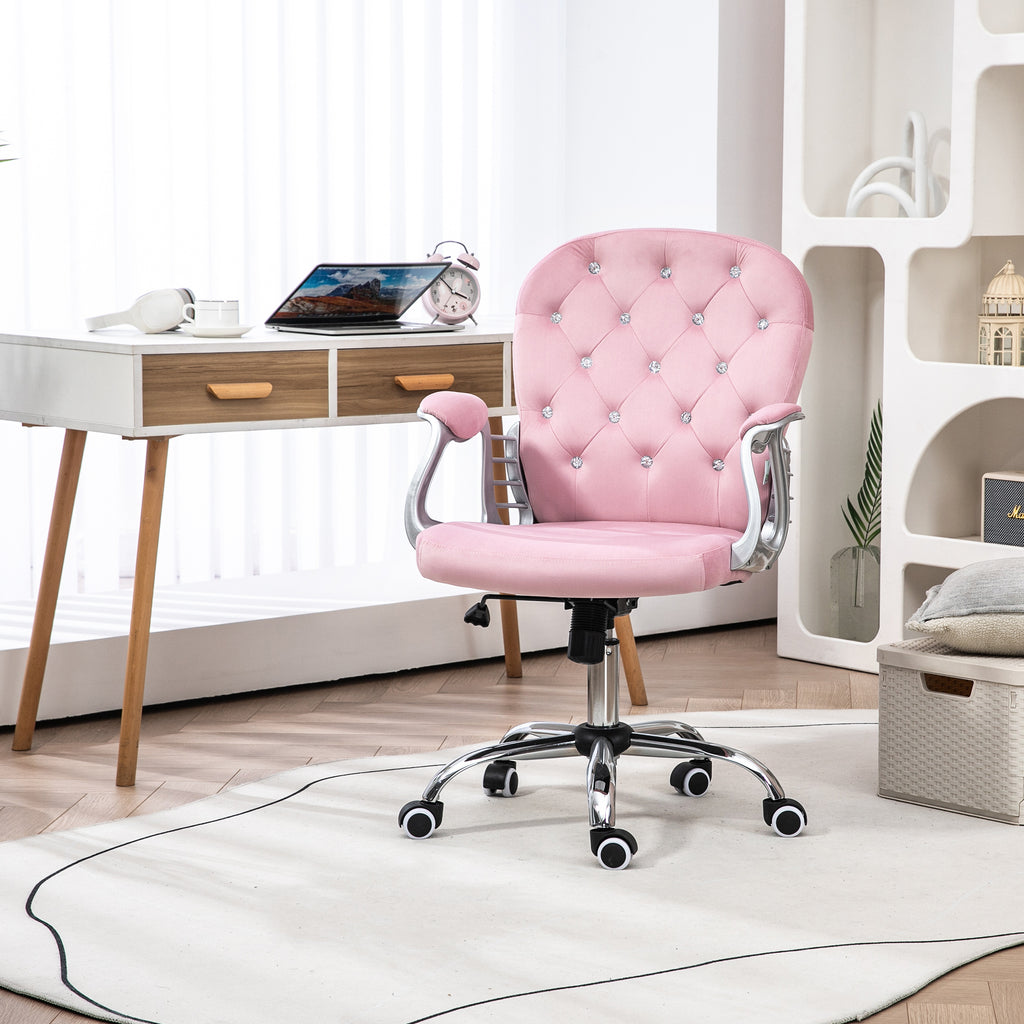 Leoglint Vinsetto Velvet Home Office Chair, Button Tufted Desk Chair with Padded Armrests, Adjustable Height and Swivel Wheels, Pink