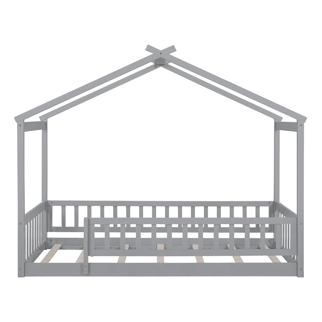 Leoglint Twin Size Wood Bed House Bed Frame with Fence, for Kids, Teens, Girls, Boys, Gray