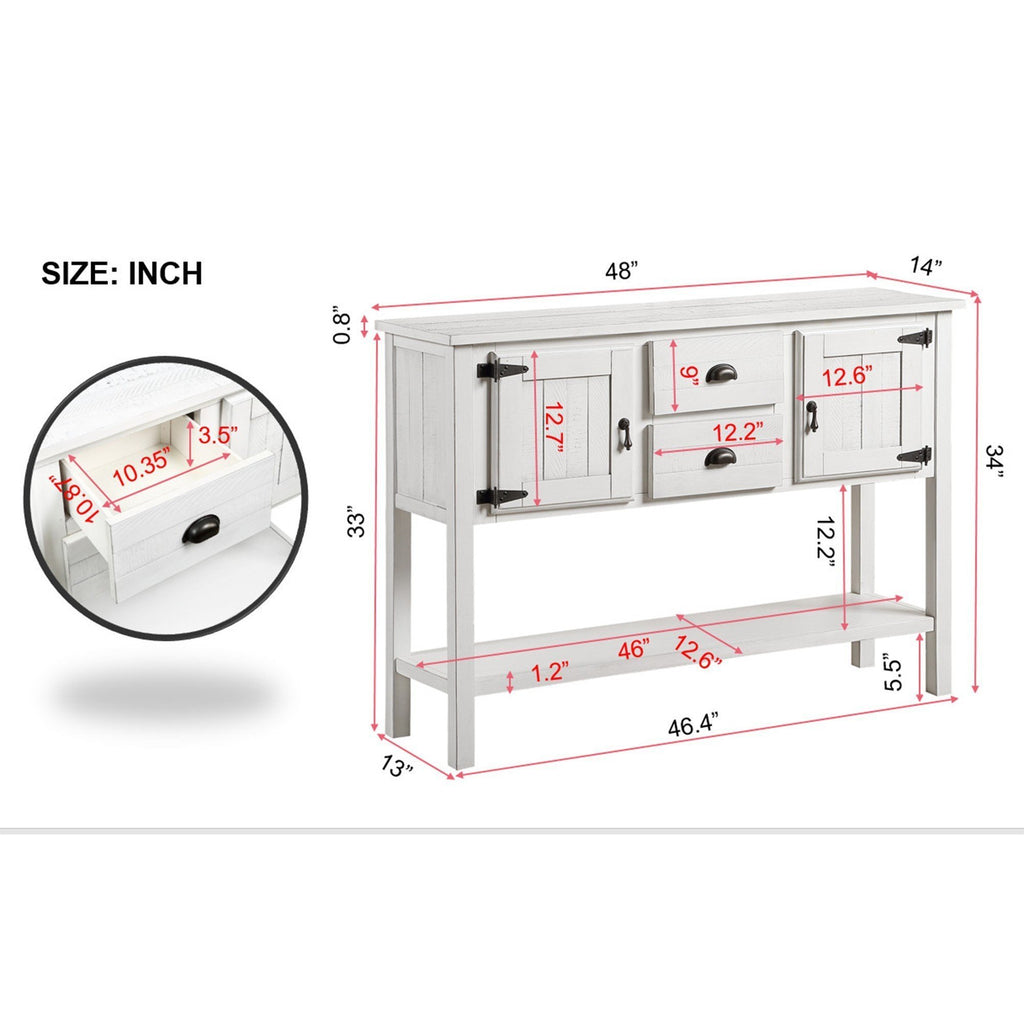 Leoglint 48'' Solid Wood Sideboard Console Table with 2 Drawers and Cabinets and Bottom Shelf, Retro Style Storage Dining Buffet Server Cabinet for Living Room Kitchen Dining Room (Antique White