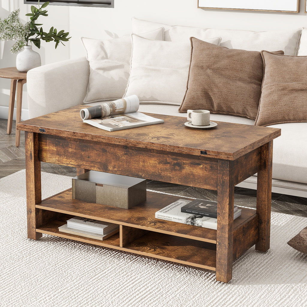 Leoglint [VIDEO provided] ON-TREND Lift Top Coffee Table, Multi-Functional Coffee Table with Open Shelves, Modern Lift Tabletop Dining Table for Living Room, Home Office, Rustic Brown