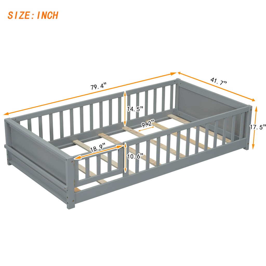 Leoglint Twin size Floor Platform Bed Frame with Built-in Book Storage Rack, Door,Grey