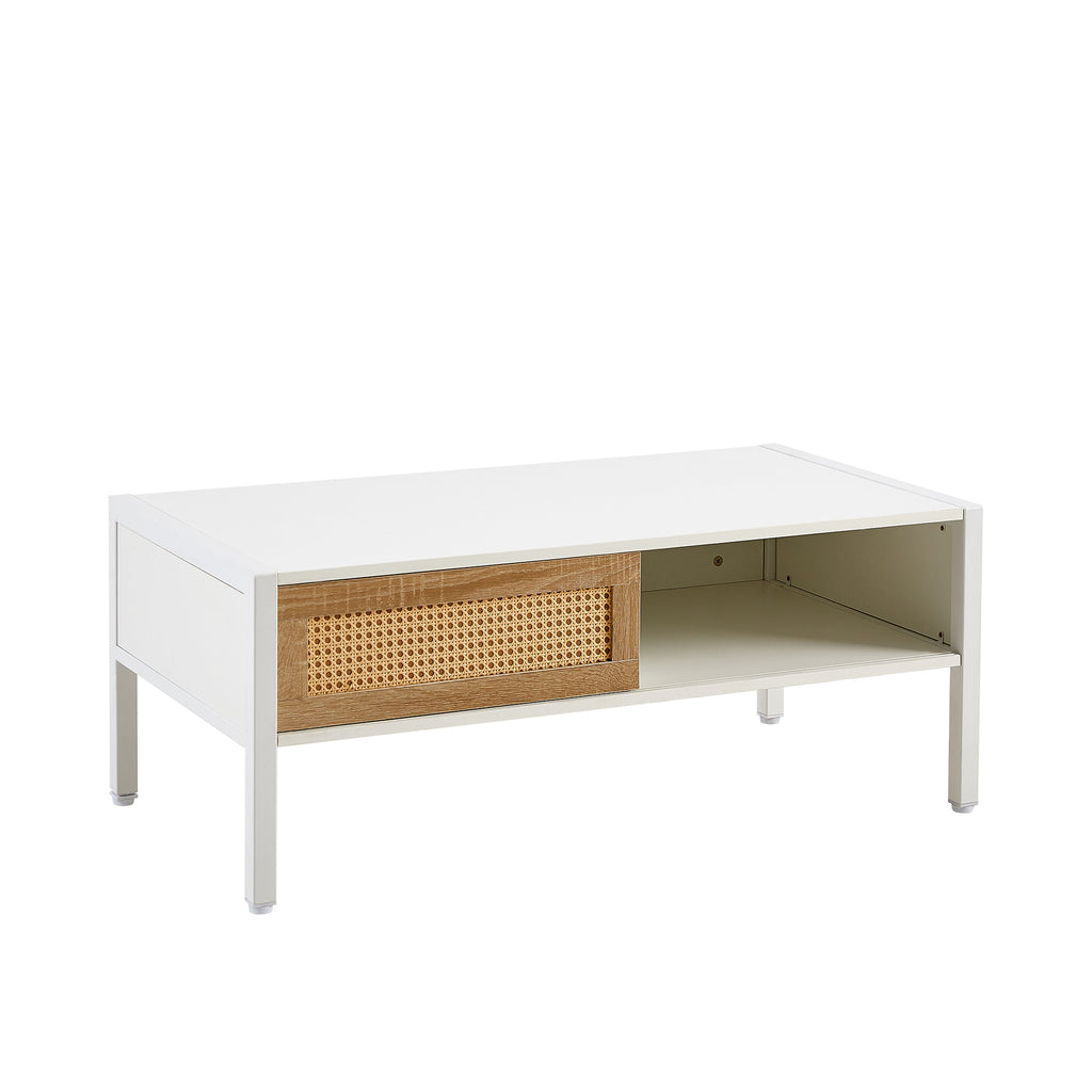 Leoglint 40.16" Rattan Coffee table, sliding door for storage, metal legs, Modern table  for living room , white