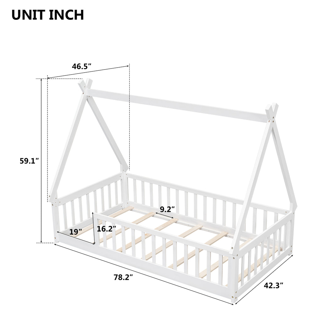 Leoglint Twin Tent-shaped Floor Bed Frame, Teepee Bed with Guardrails, Slats,White