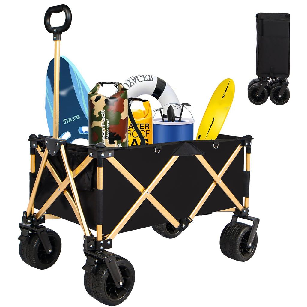 Leoglint Garden cart aluminum alloy folding wagon, Heavy Duty Utility Beach Wagon Cart for Sand with Big Wheels, Adjustable Handle&Drink Holders for Shopping, Camping,Garden and Outdoor