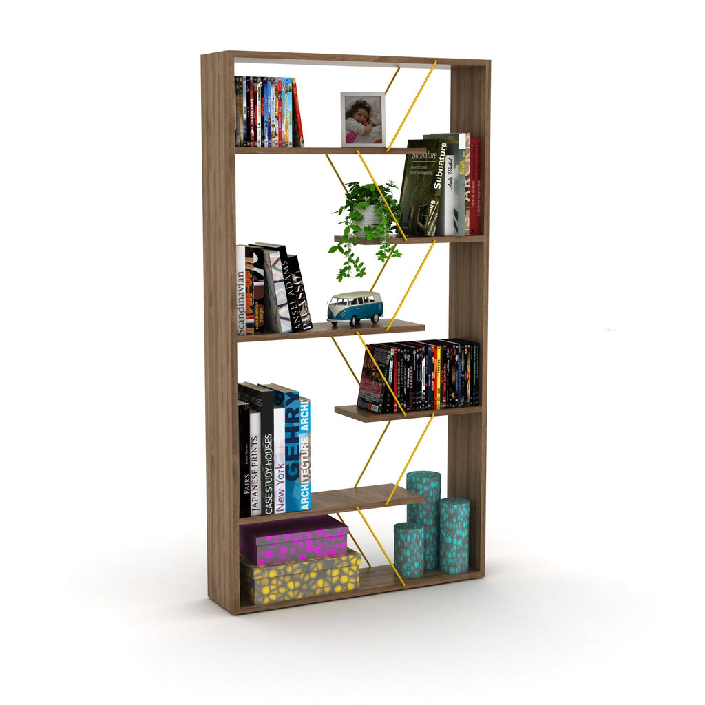 Leoglint Furnish Home Store Wood Frame Etagere Open Back 6 Shelves Bookcase Industrial Bookshelf for Office and Living Rooms Modern Bookcases Large Bookshelf Organizer, Walnut/Yellow