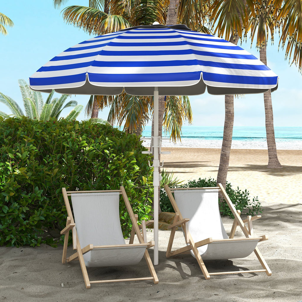 Leoglint 5.7' Portable Beach Umbrella with Tilt, Adjustable Height, 2 Cup Holders & Hooks, UV 40+ Ruffled Outdoor Umbrella with Vented Canopy, Blue White Stripe