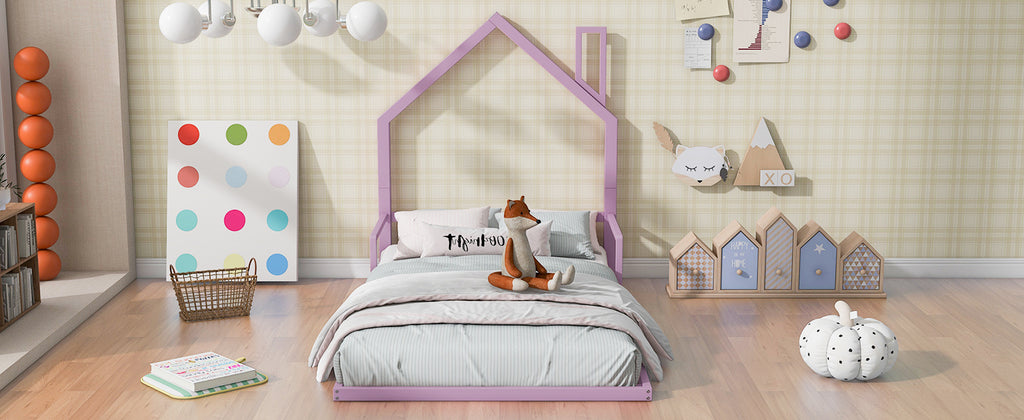 Leoglint Twin Size Metal Floor Bed  Frame with House-shaped Headboard, Pink