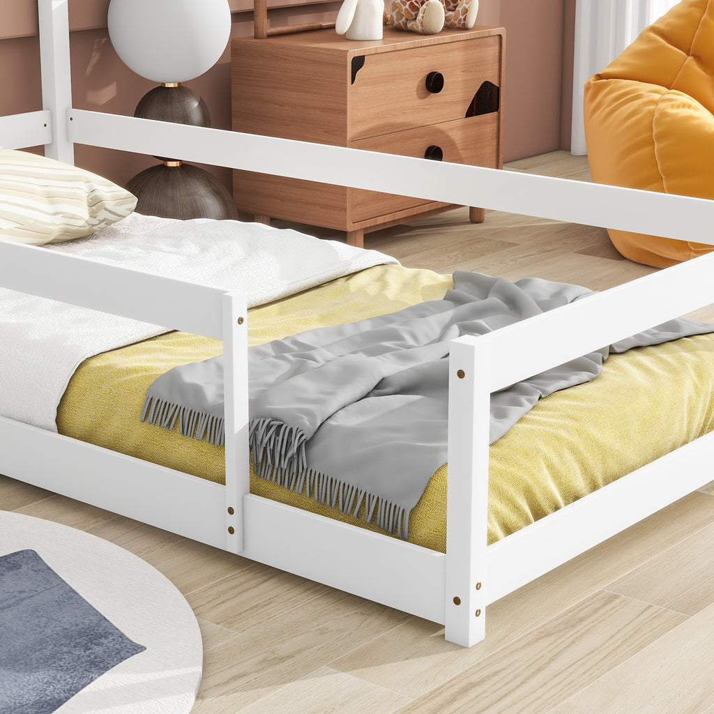 Leoglint Twin Size Wood bed frame with House-shaped Headboard Floor bed with Fences,White