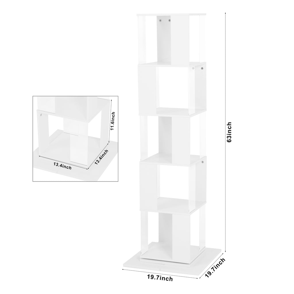 Leoglint 5 tier Rotating Bookshelf, Floor Rack Simple Bookcase  with Acrylic plate Student Multi-Function Creative Bookshelf for Living Room with anti-toppling base