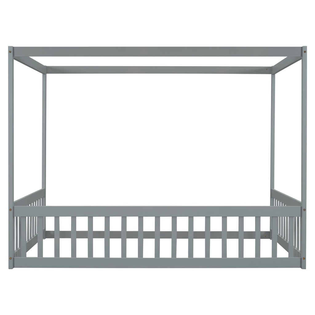 Leoglint Bed Frame Full Size Canopy Frame Floor Bed with Fence, Guardrails,Grey