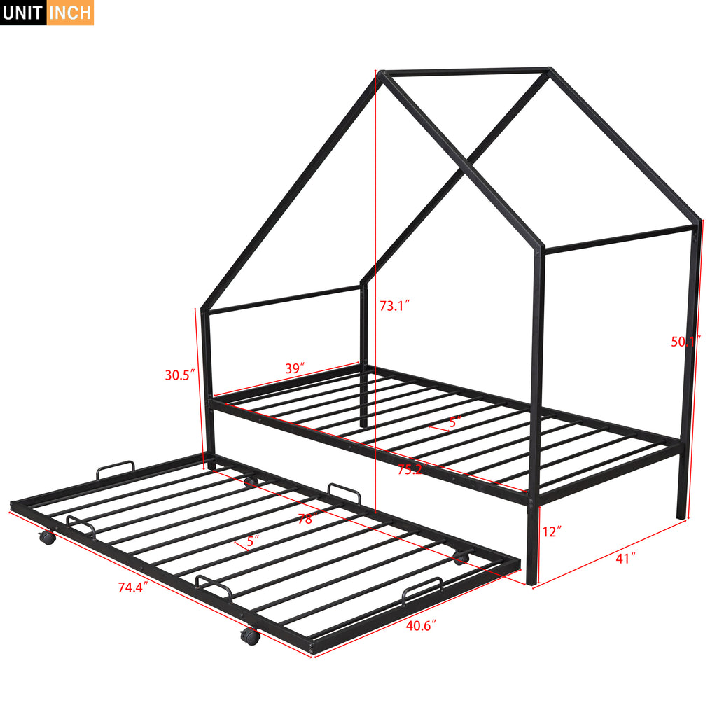 Metal House Bed Frame With Trundle, Twin Size House  Bed Black