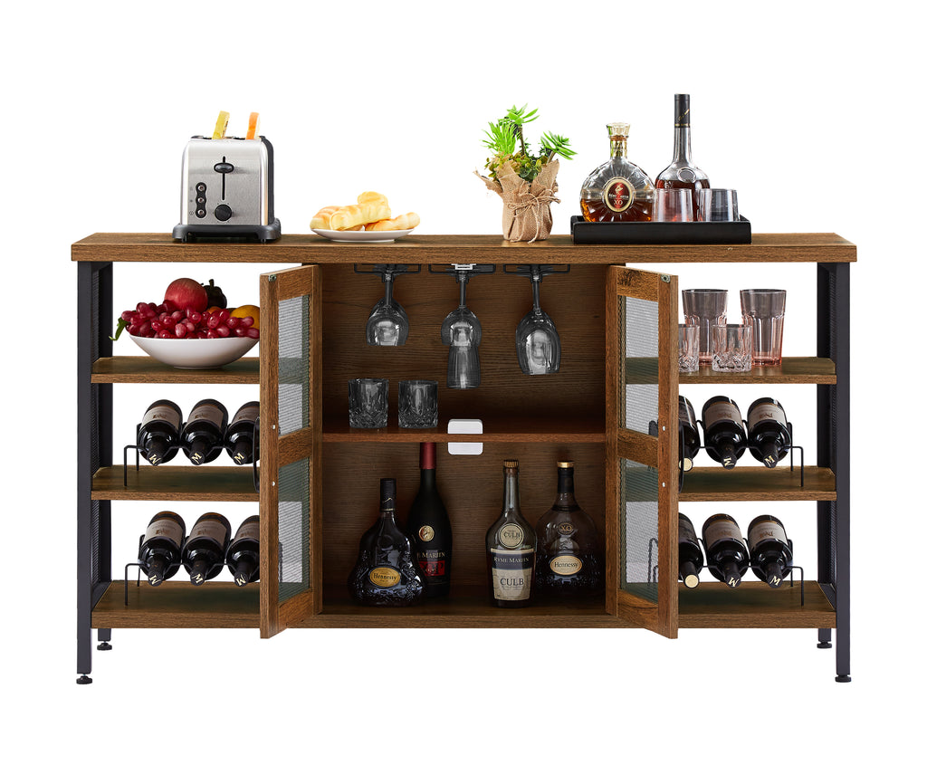 Leoglint JHX Industrial Wine Bar Cabinet, Liquor Storage Credenza, Sideboard with Wine Racks & Stemware Holder (Hazelnut Brown, 55.12''w x 13.78''d x 30.31' ' h)