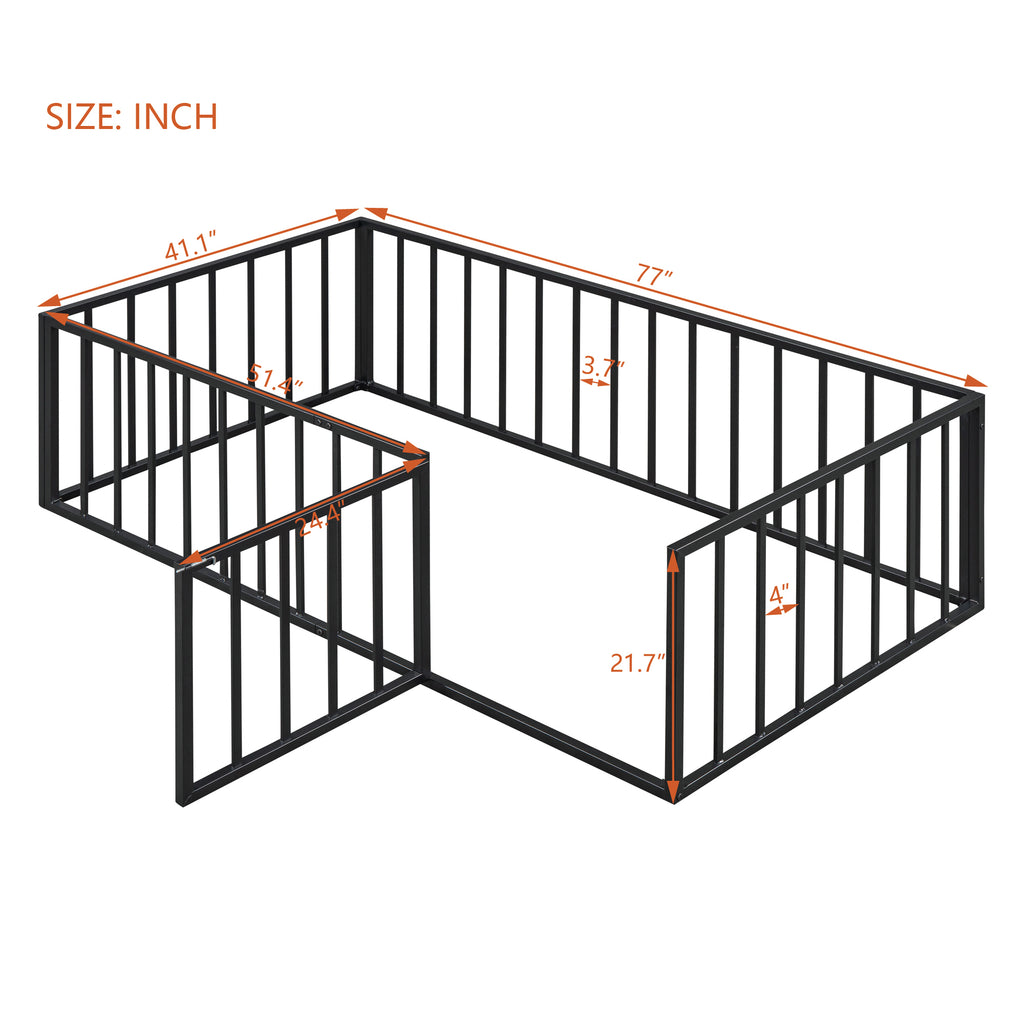 Leoglint Twin Size Metal Floor Bed Frame with Fence and Door, Black