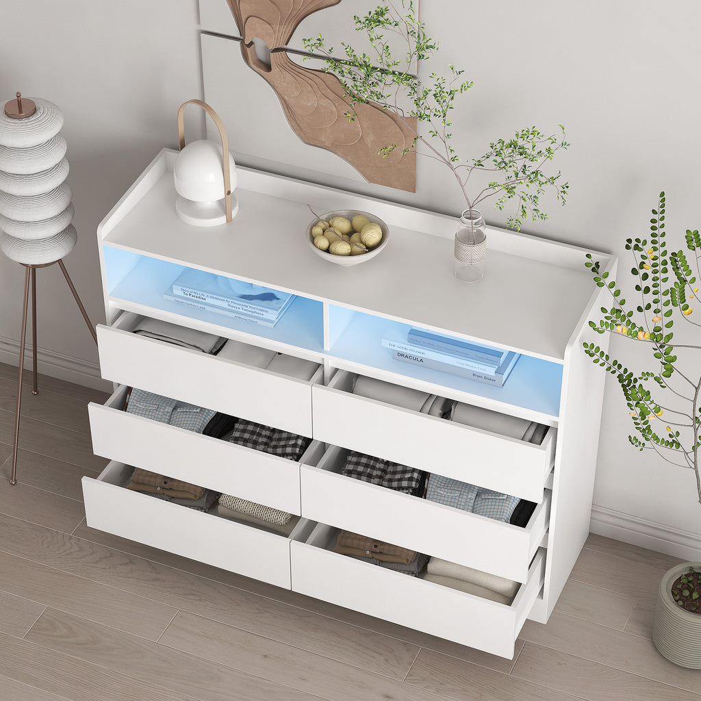 Leoglint 6 Drawer Chest Drawer Dresser, White Dresser for Bedroom with LED Lights, Modern Dressers & Chests of Drawers with Sturdy Frame for Living Room, Entryway, Hallway