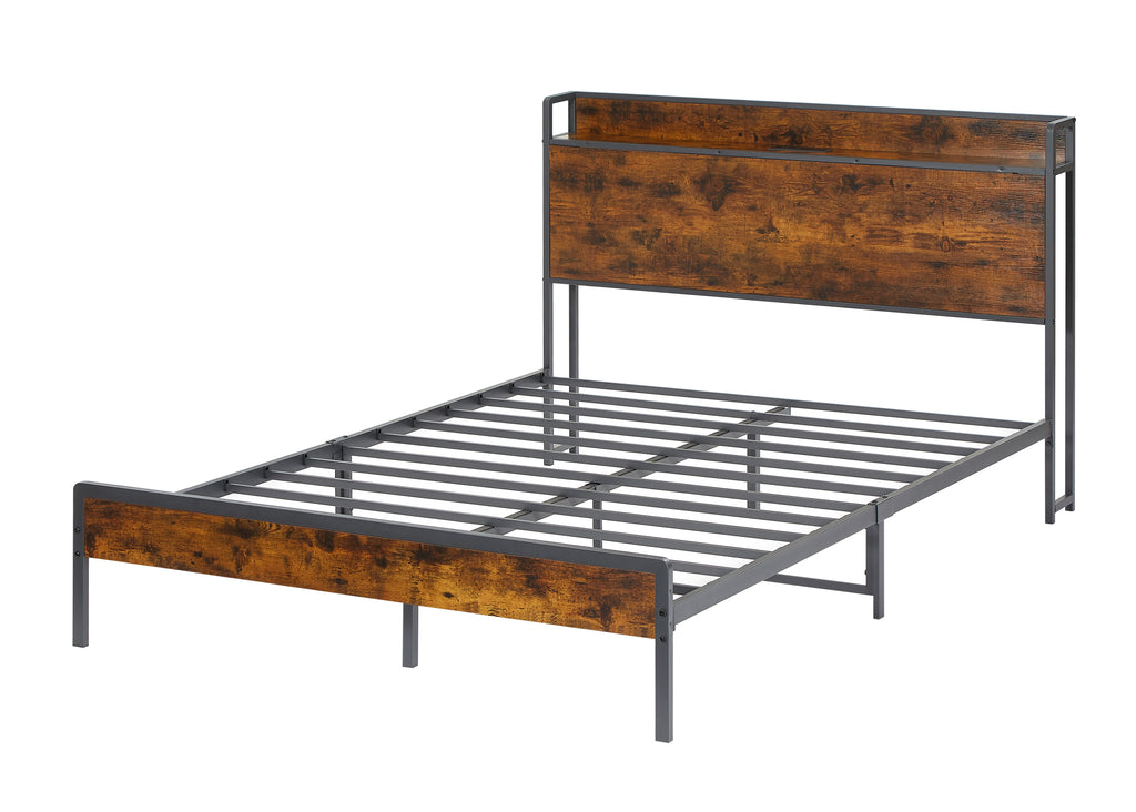 Leoglint Bed frame with charging station full size, Rustic Brown, 83.1'' L x 56.1'' W x 39'' H