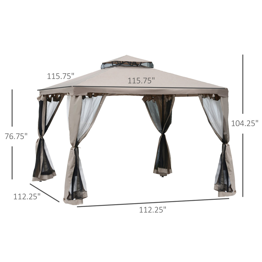 Leoglint 9.6' x 9.6' Patio Gazebo, Outdoor Umbrella Canopy Shelter with 2-Tier Roof and Netting, Steel Frame for Garden, Lawn, Backyard, and Deck, Taupe