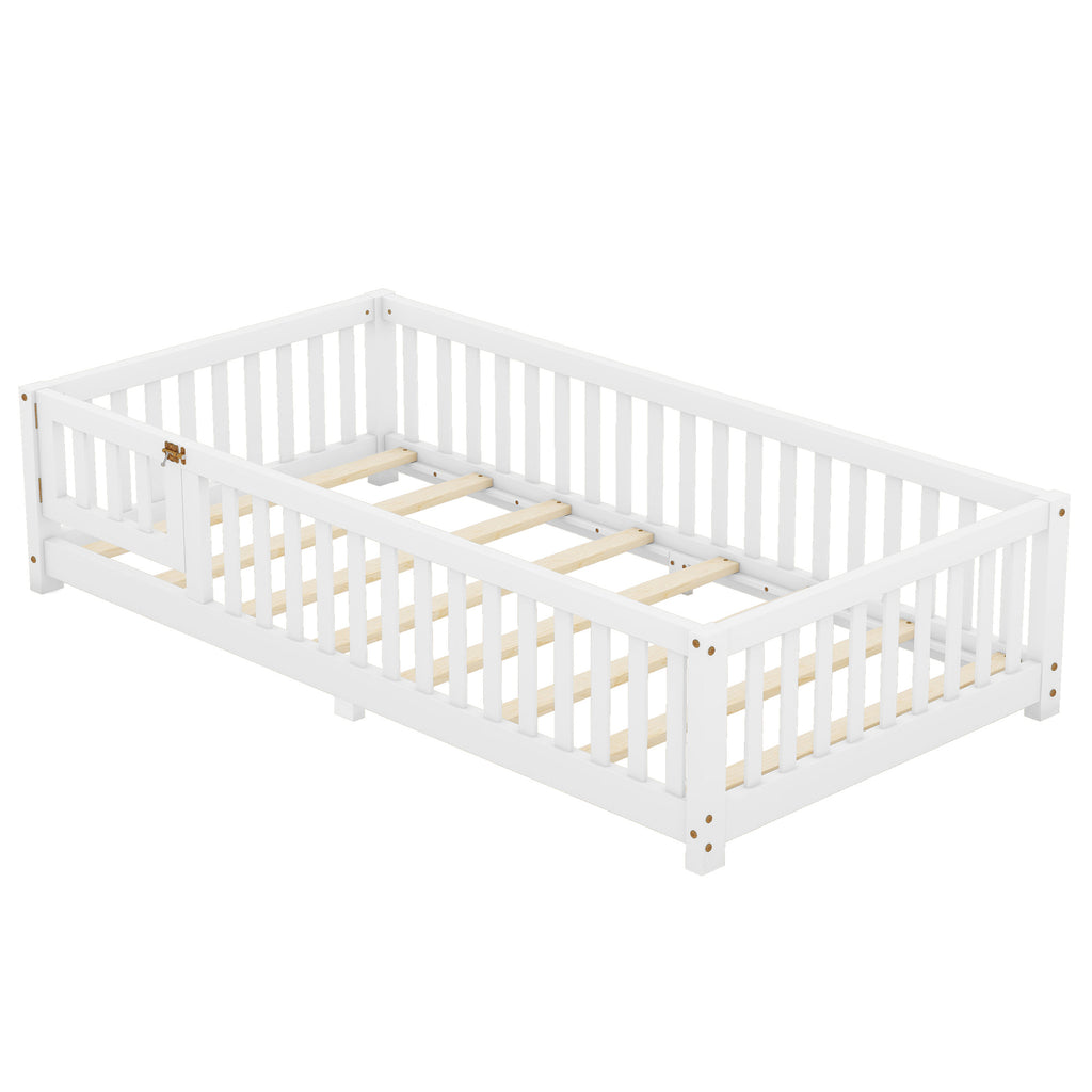 Leoglint Twin Size Bed Floor Bed Frame with Safety Guardrails and Door for Kids, White(Old SKU:W158090683)