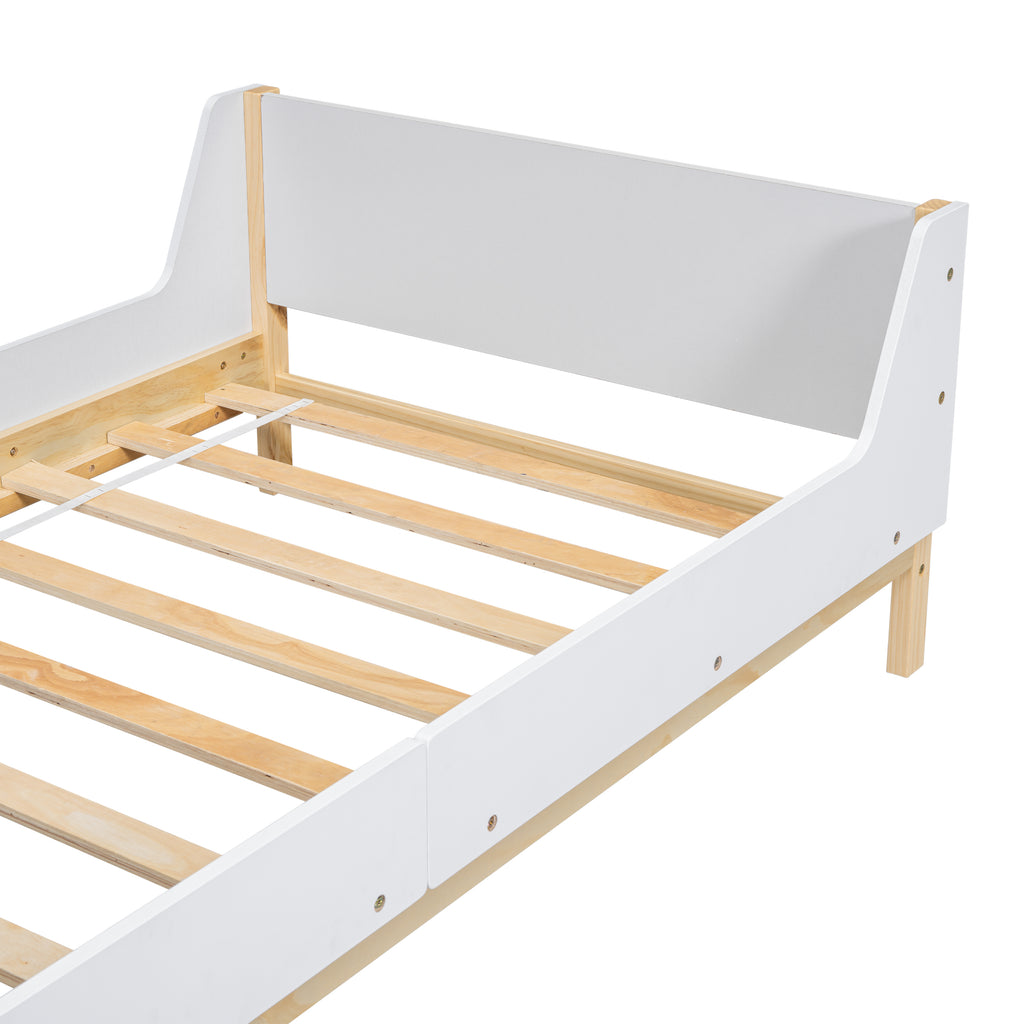 Twin Bed Frame with Headboard, Footboard, Safeguards,  Built-in Bed-end Book Storage Rack ,White