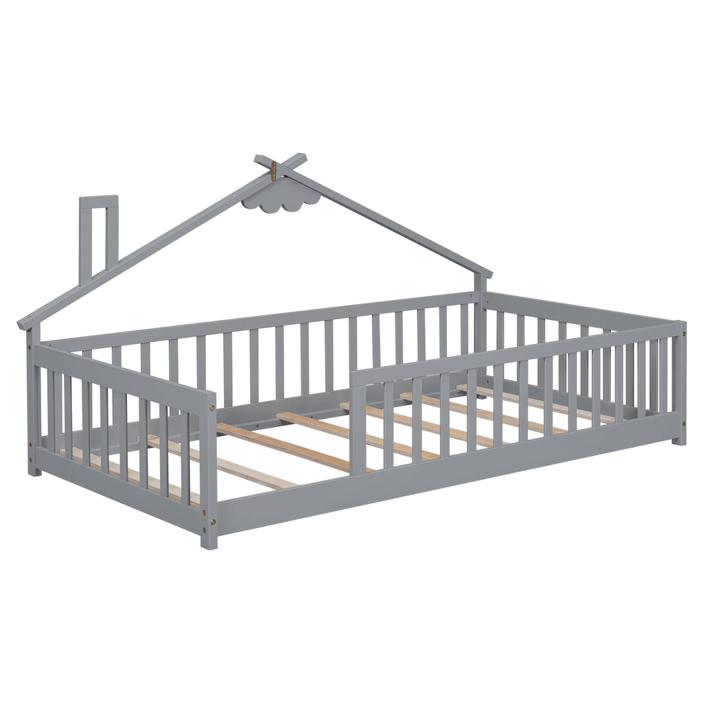 Leoglint Twin House-Shaped Bedside Floor Bed Frame with Guardrails, Slats, without Door ,Grey