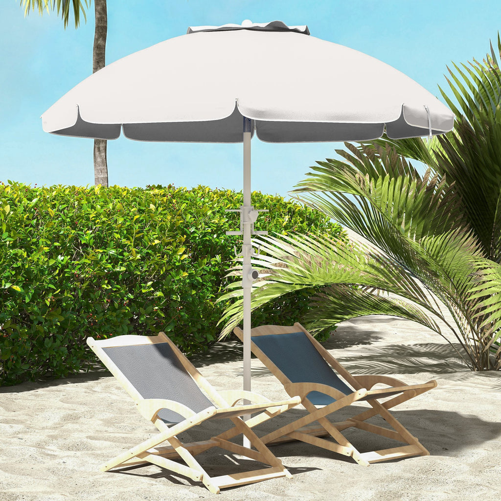 Leoglint 5.7' Portable Beach Umbrella with Tilt, Adjustable Height, 2 Cup Holders & Hooks, UV 40+ Ruffled Outdoor Umbrella with Vented Canopy, Cream White